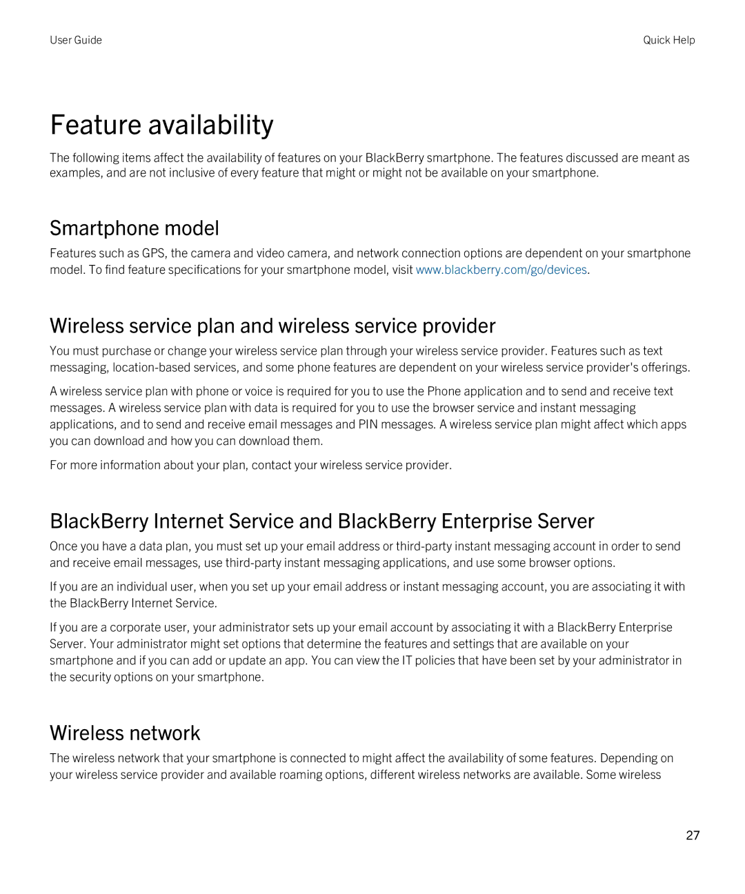 Blackberry 9380 manual Feature availability, Wireless network 