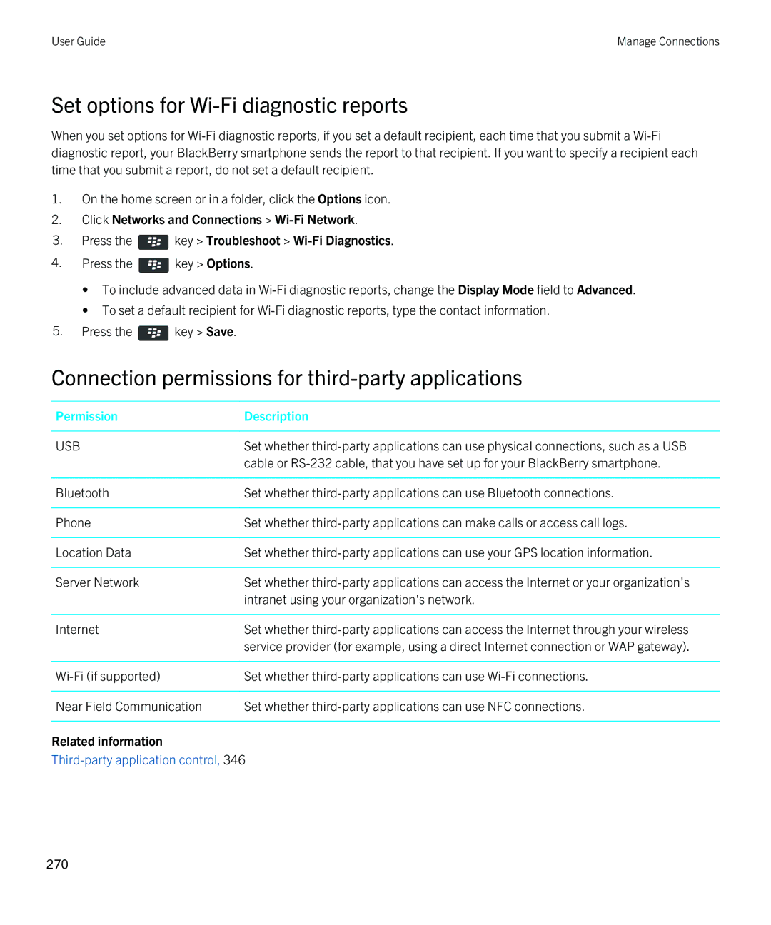 Blackberry 9380 manual Set options for Wi-Fi diagnostic reports, Connection permissions for third-party applications 