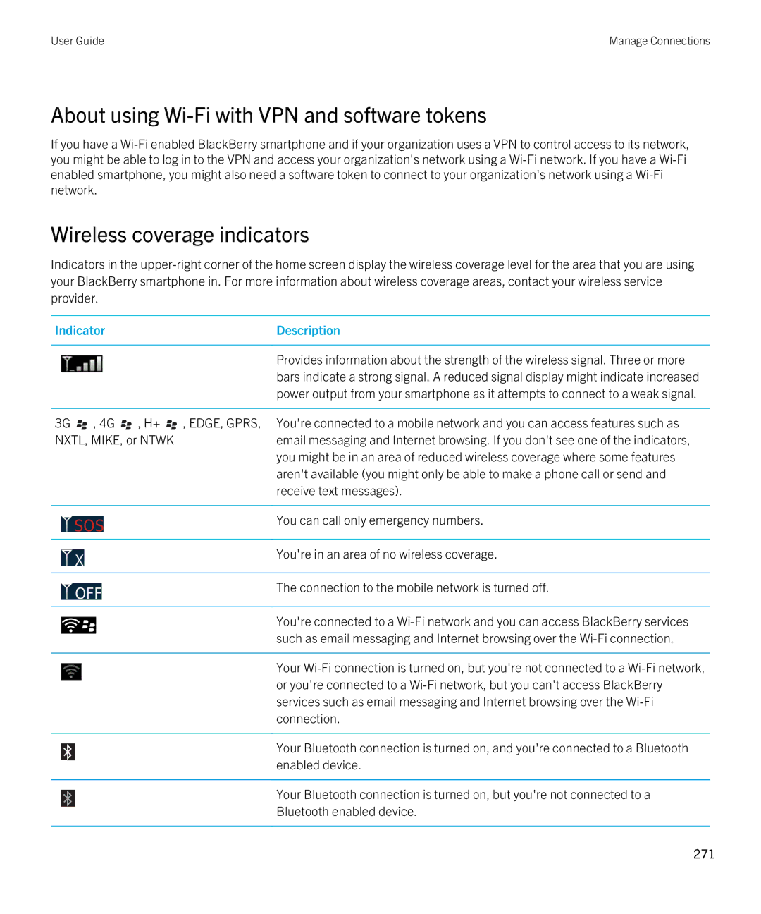 Blackberry 9380 manual About using Wi-Fi with VPN and software tokens, Wireless coverage indicators 