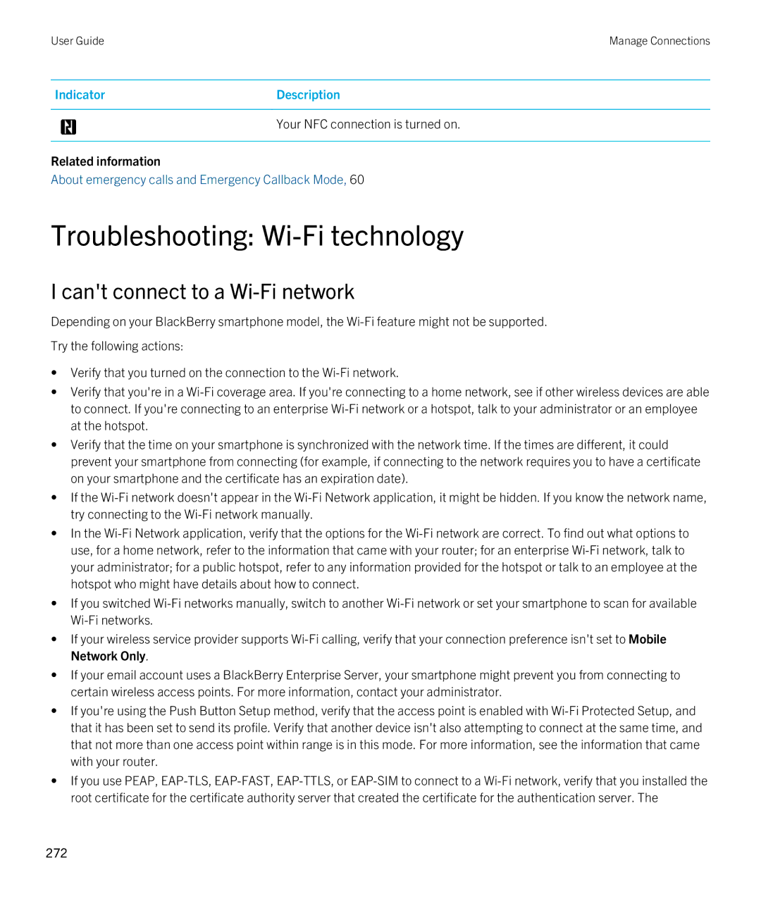 Blackberry 9380 manual Troubleshooting Wi-Fi technology, Cant connect to a Wi-Fi network 