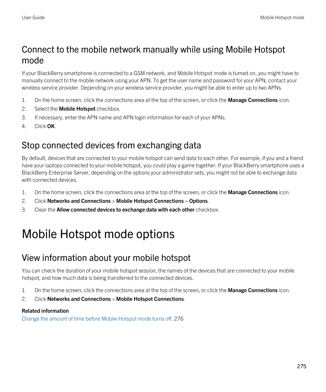 Blackberry 9380 manual Mobile Hotspot mode options, Stop connected devices from exchanging data 