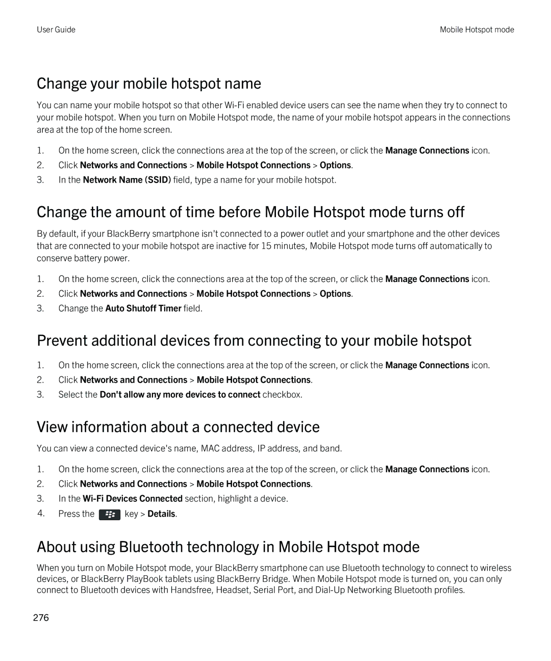 Blackberry 9380 manual Change your mobile hotspot name, View information about a connected device 