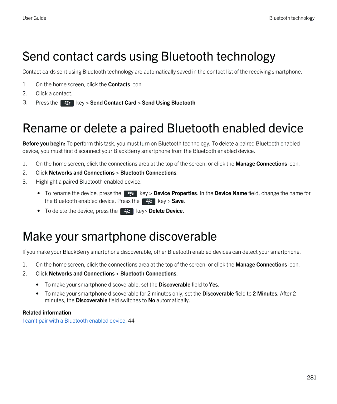 Blackberry 9380 manual Send contact cards using Bluetooth technology, Rename or delete a paired Bluetooth enabled device 