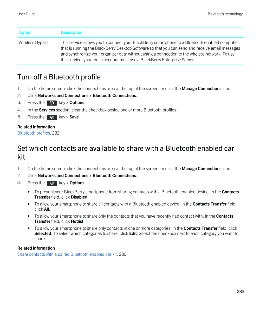 Blackberry 9380 manual Turn off a Bluetooth profile, Wireless Bypass 