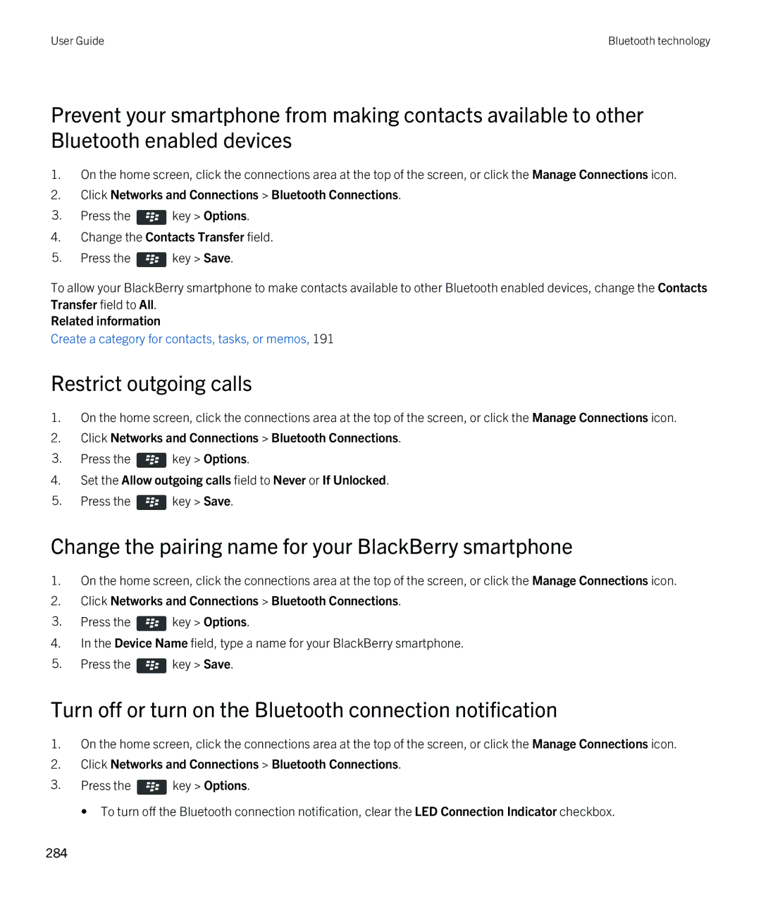 Blackberry 9380 manual Restrict outgoing calls, Change the pairing name for your BlackBerry smartphone 