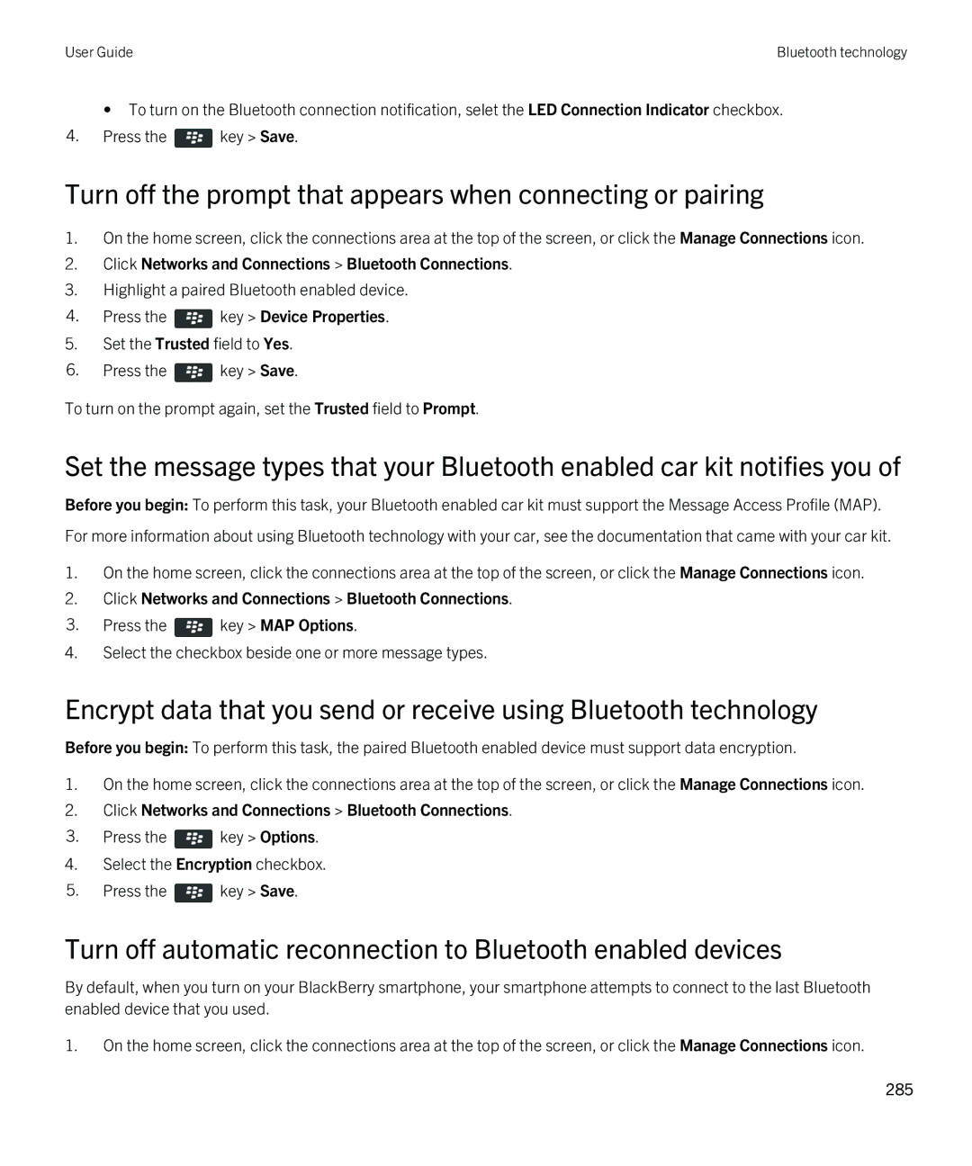 Blackberry 9380 manual Turn off the prompt that appears when connecting or pairing 