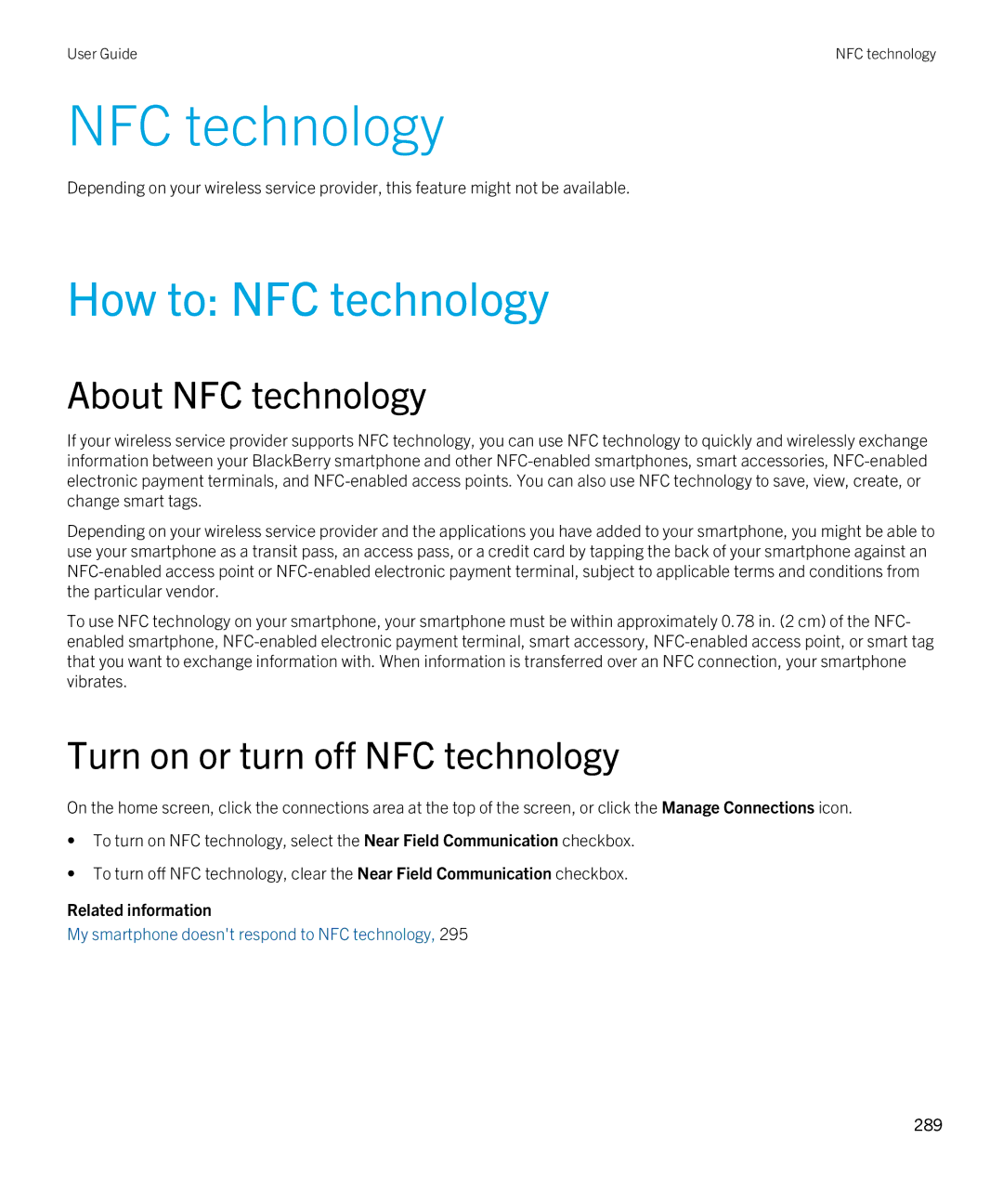 Blackberry 9380 manual How to NFC technology, About NFC technology, Turn on or turn off NFC technology 