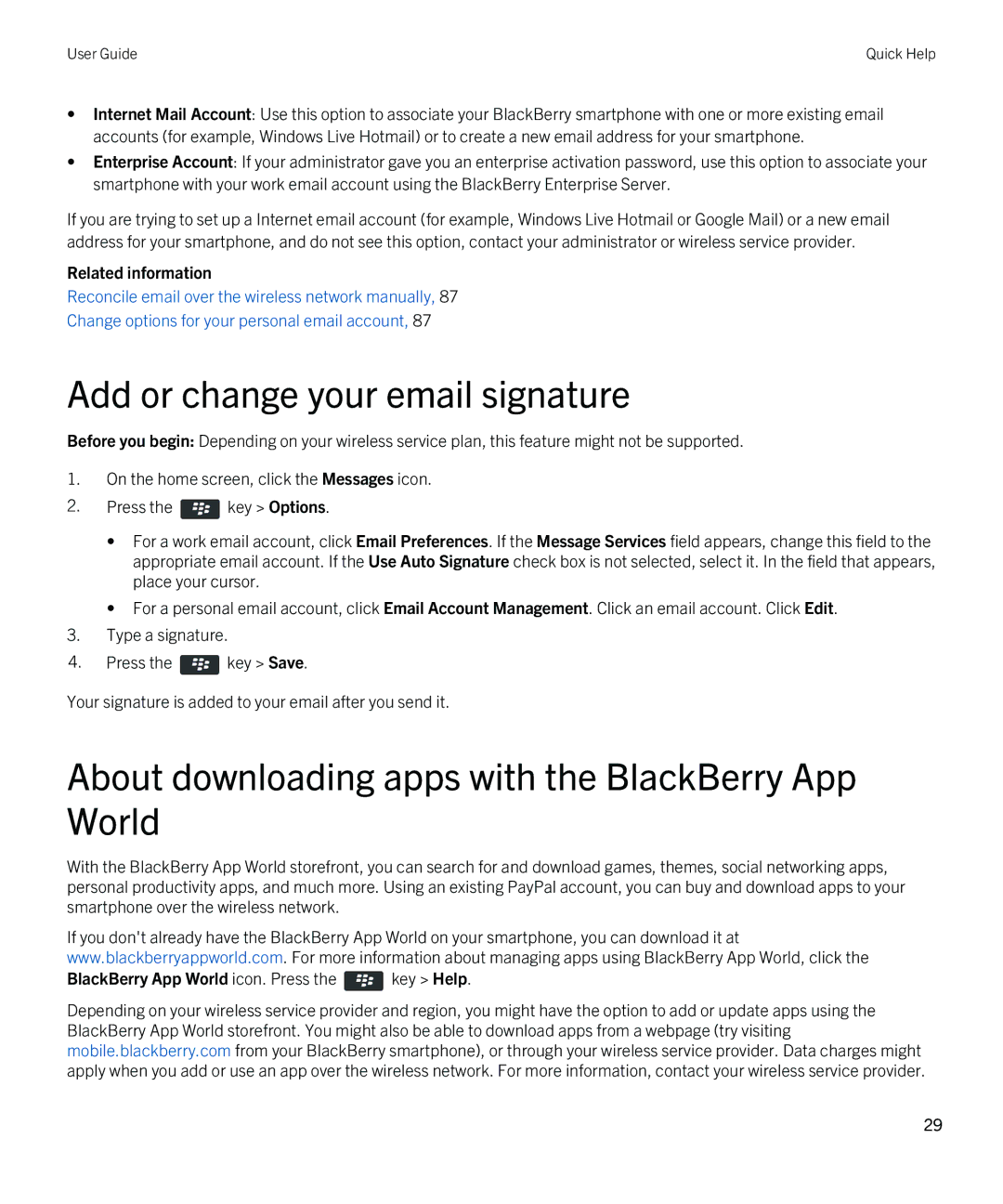 Blackberry 9380 manual Add or change your email signature, About downloading apps with the BlackBerry App World 