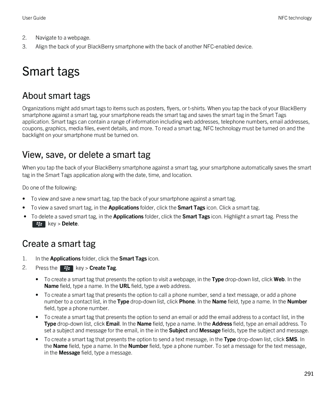 Blackberry 9380 manual Smart tags, About smart tags, View, save, or delete a smart tag, Create a smart tag 