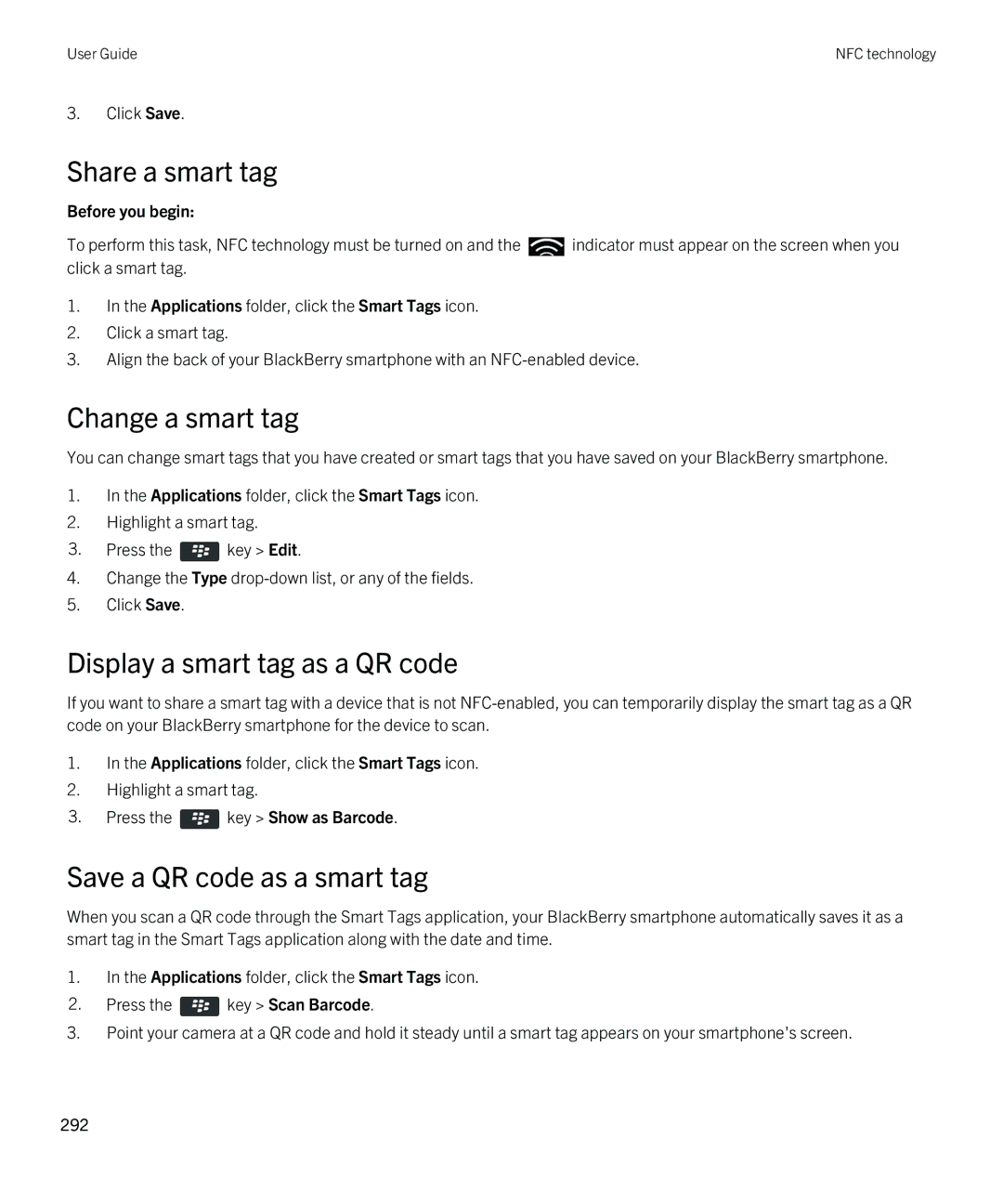 Blackberry 9380 Share a smart tag, Change a smart tag, Display a smart tag as a QR code, Save a QR code as a smart tag 