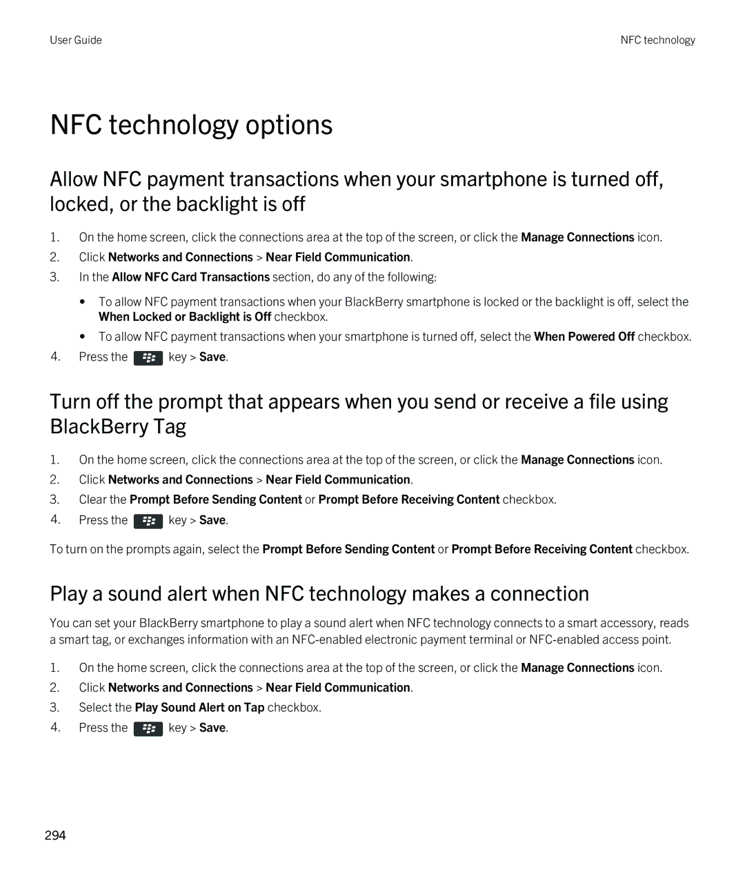 Blackberry 9380 manual NFC technology options, Play a sound alert when NFC technology makes a connection 