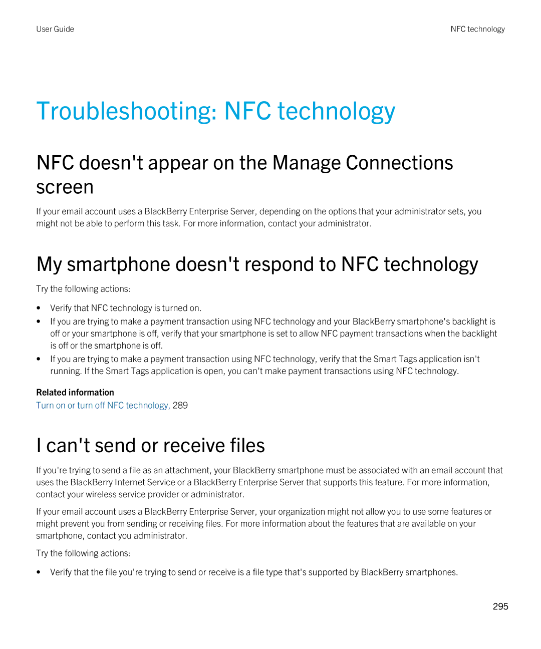 Blackberry 9380 manual Troubleshooting NFC technology, NFC doesnt appear on the Manage Connections screen 