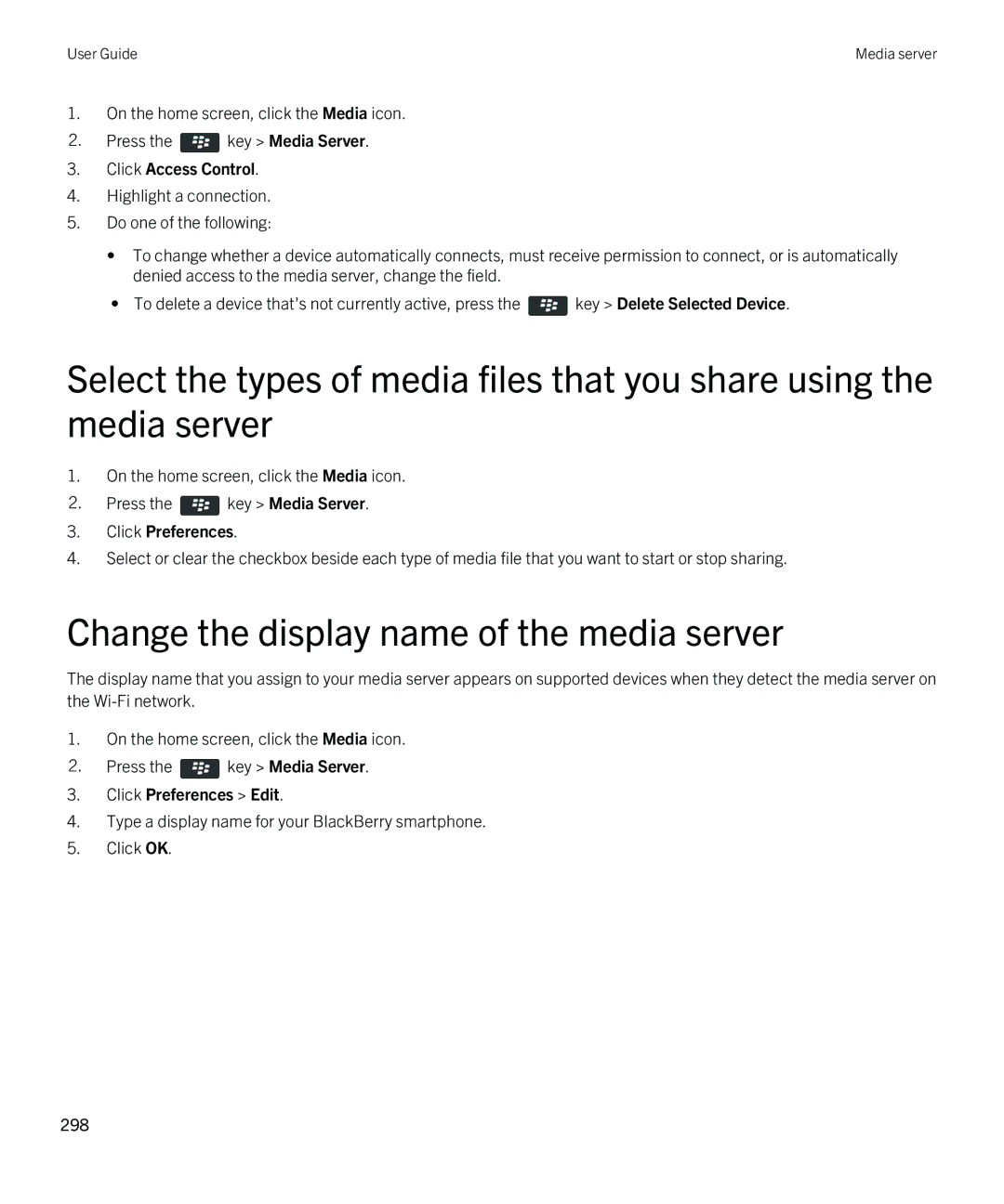 Blackberry 9380 manual Change the display name of the media server, Click Access Control, Click Preferences 