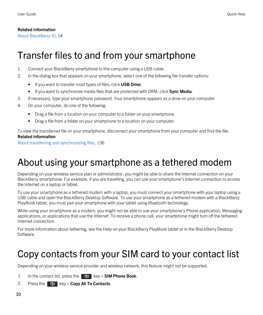 Blackberry 9380 manual Transfer files to and from your smartphone, About using your smartphone as a tethered modem 