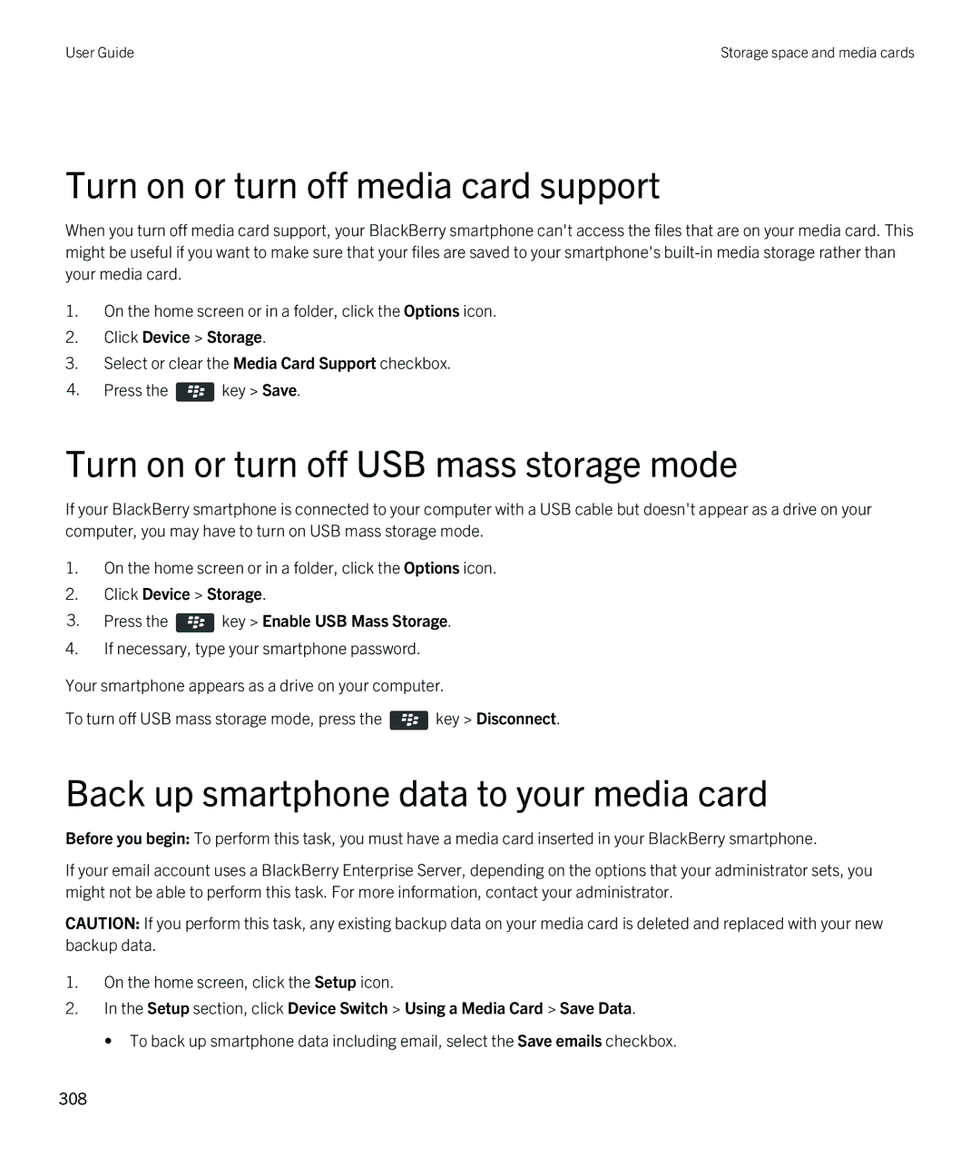 Blackberry 9380 manual Turn on or turn off media card support, Turn on or turn off USB mass storage mode 