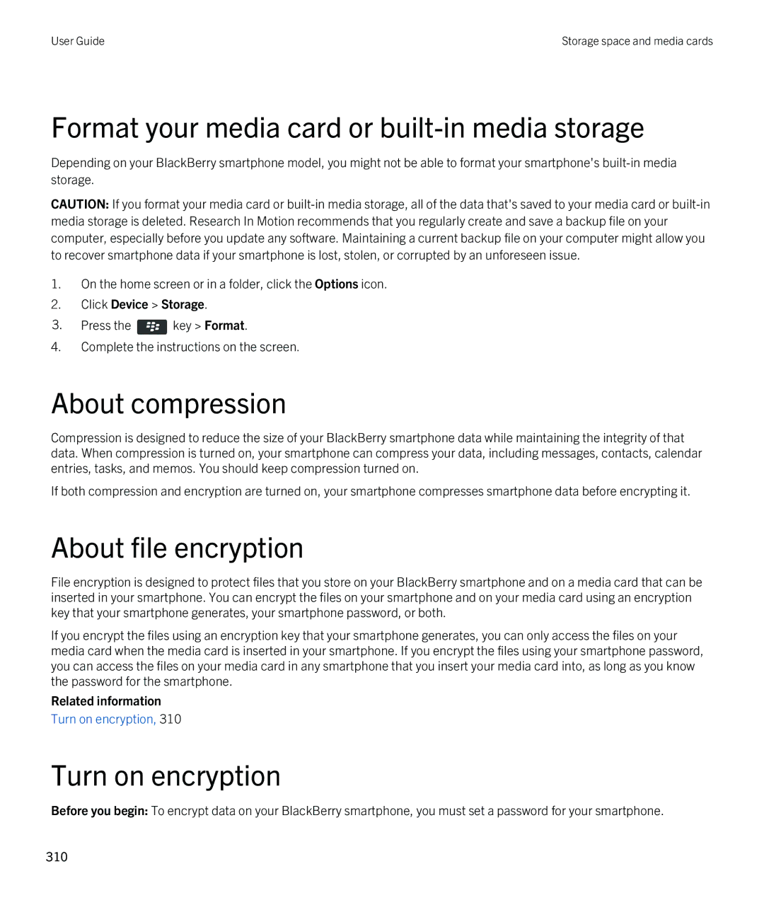 Blackberry 9380 manual Format your media card or built-in media storage, About compression, About file encryption 