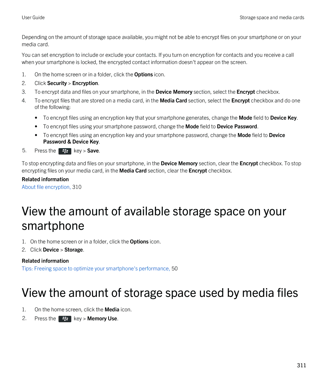 Blackberry 9380 manual View the amount of storage space used by media files, Click Device Storage Related information 