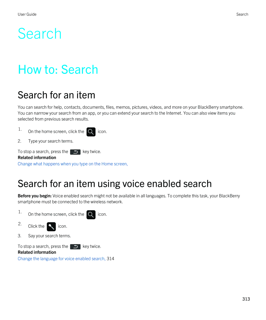 Blackberry 9380 manual How to Search, Search for an item using voice enabled search 