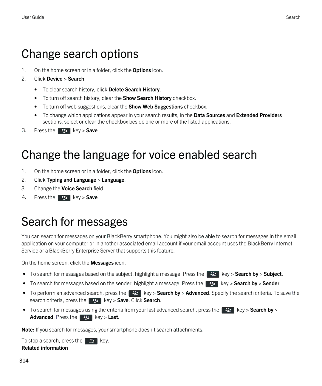 Blackberry 9380 manual Change search options, Change the language for voice enabled search, Click Device Search 