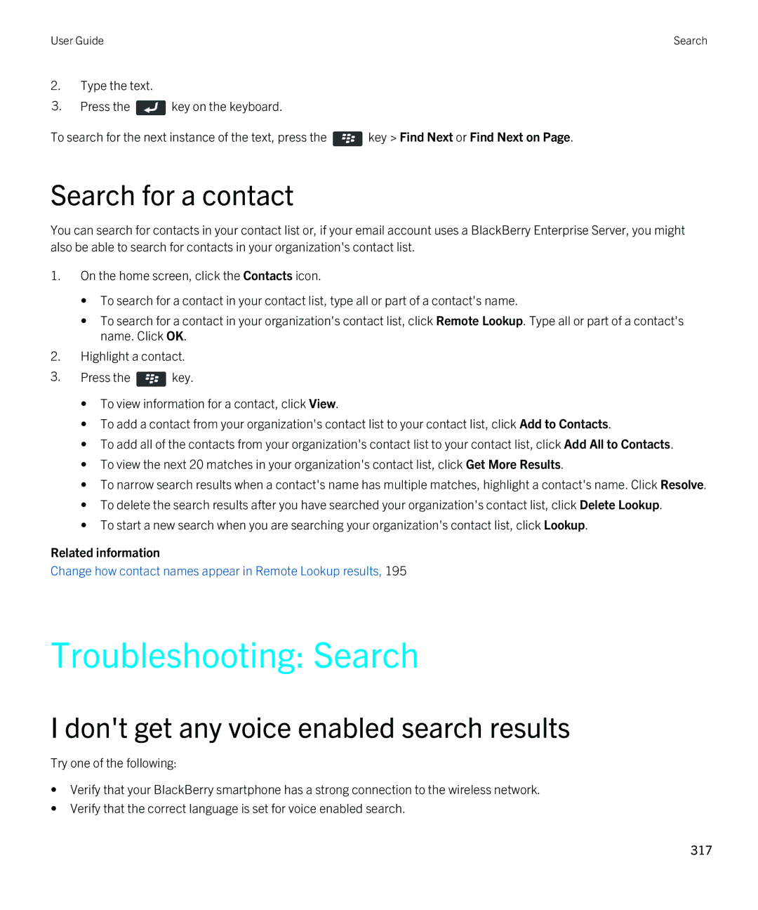 Blackberry 9380 manual Troubleshooting Search, Search for a contact, Dont get any voice enabled search results 