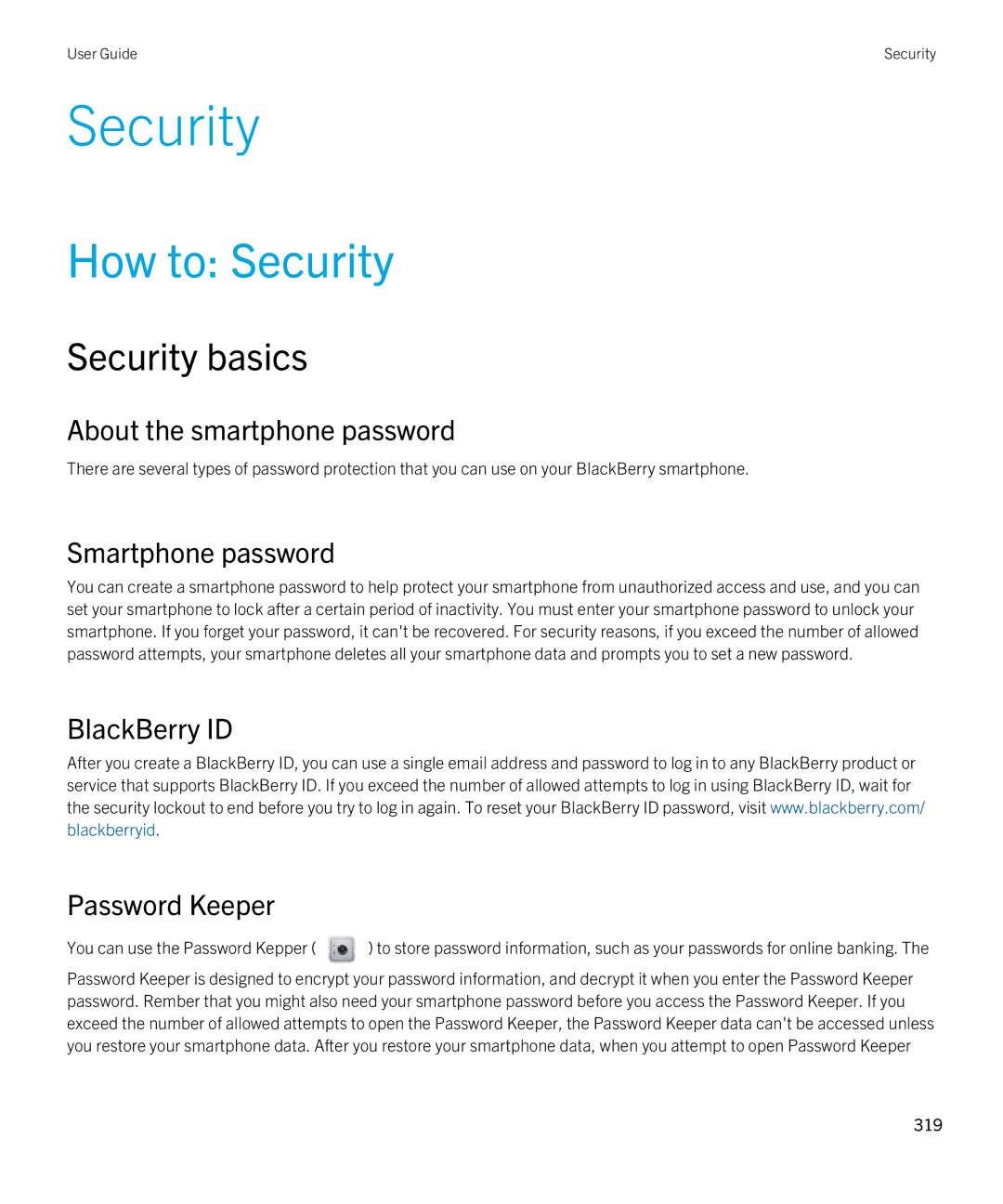 Blackberry 9380 manual How to Security, Security basics 