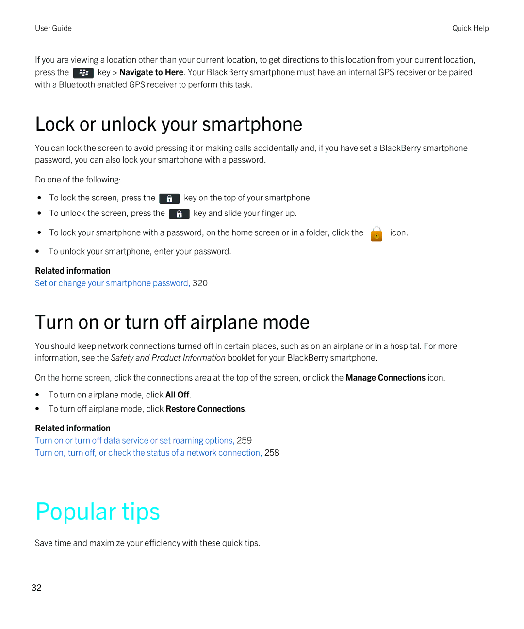 Blackberry 9380 manual Popular tips, Lock or unlock your smartphone, Turn on or turn off airplane mode 