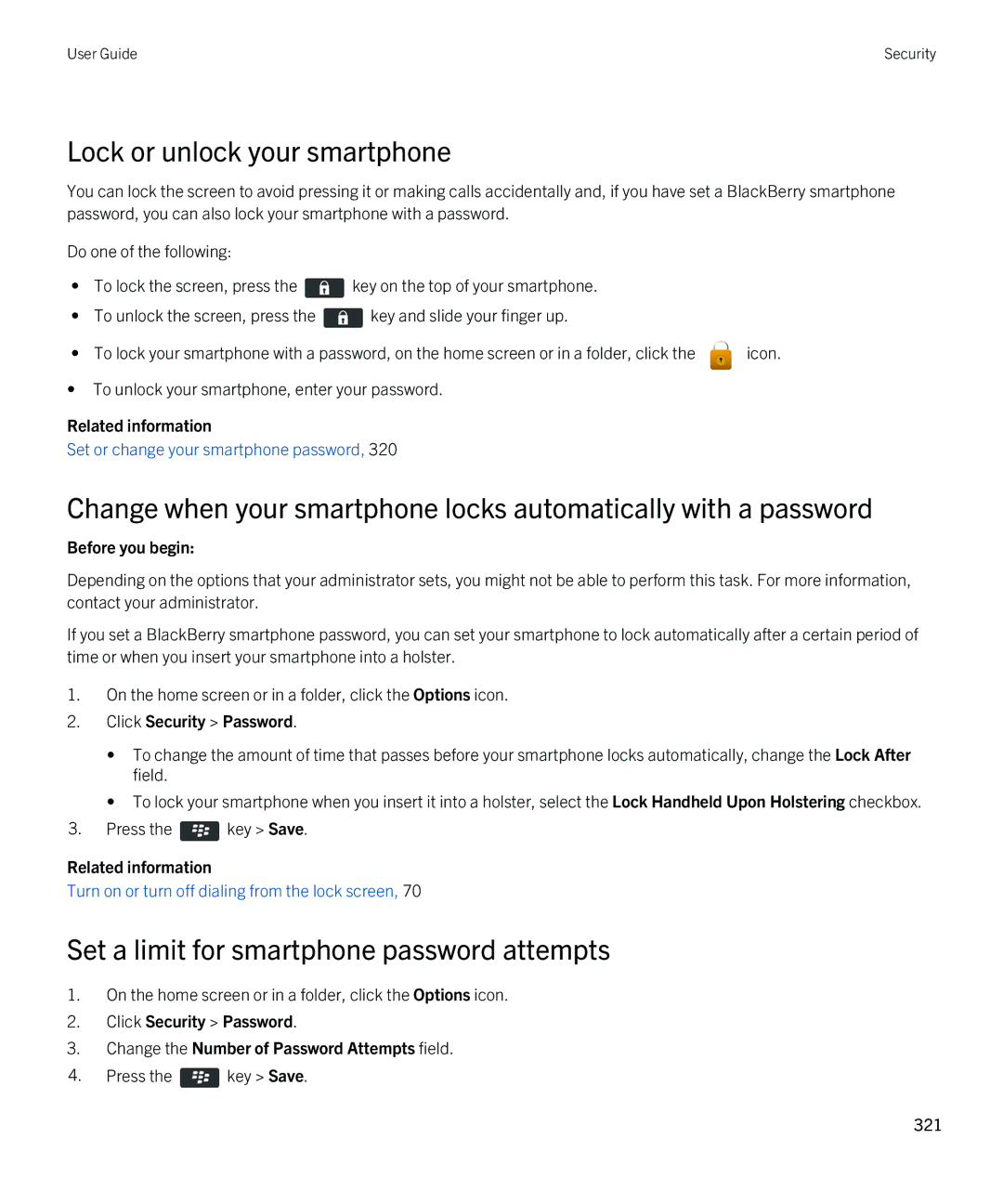 Blackberry 9380 manual Lock or unlock your smartphone, Set a limit for smartphone password attempts 