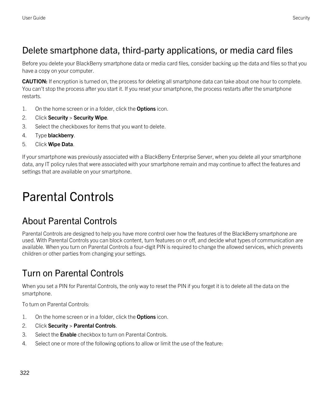 Blackberry 9380 manual About Parental Controls, Turn on Parental Controls 