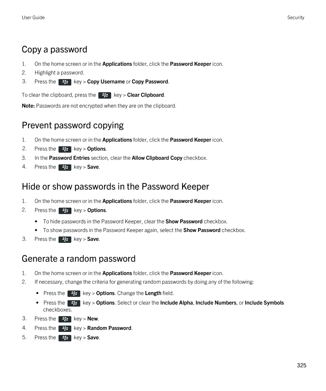 Blackberry 9380 manual Copy a password, Prevent password copying, Hide or show passwords in the Password Keeper 