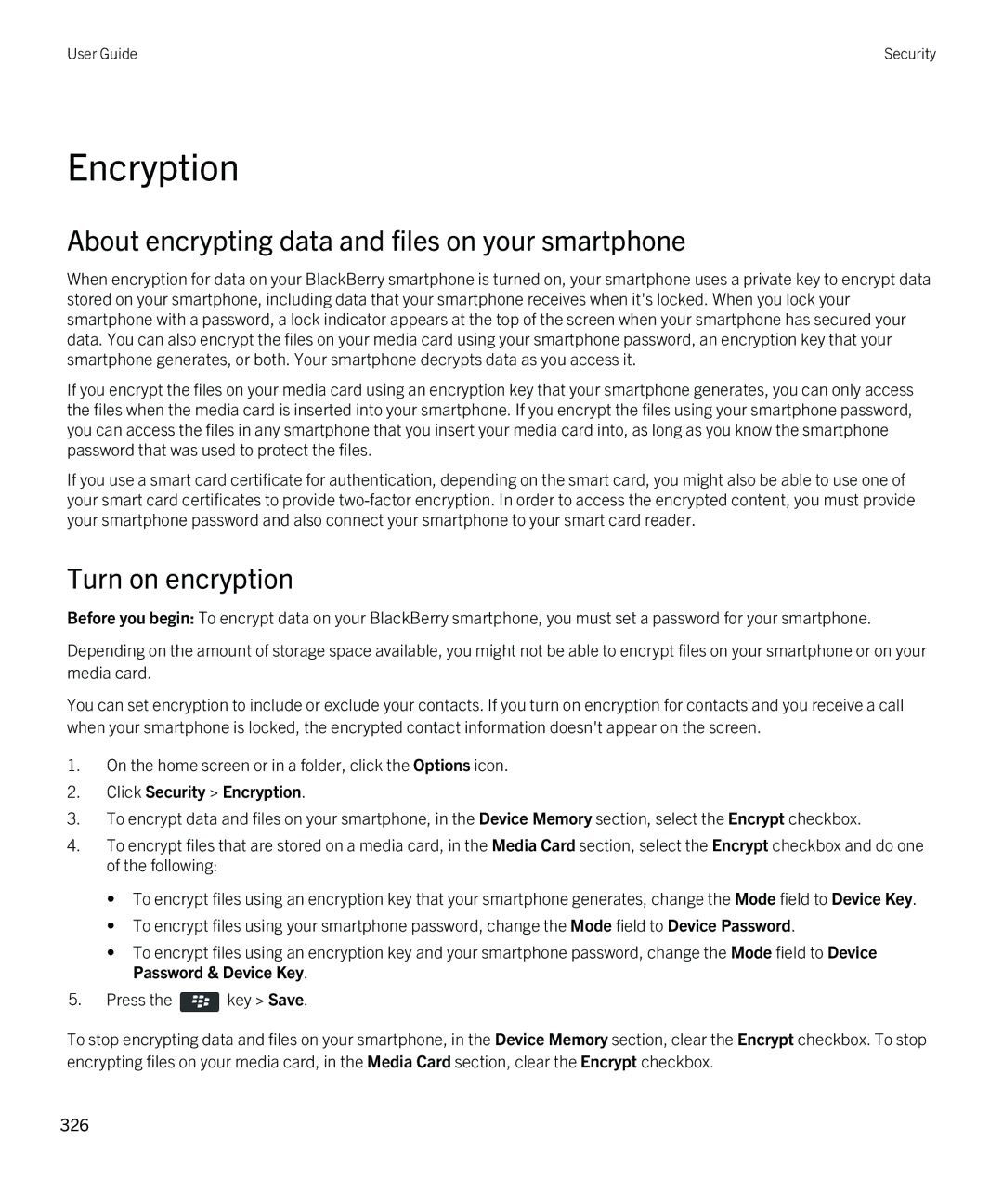 Blackberry 9380 manual Encryption, About encrypting data and files on your smartphone, Turn on encryption 