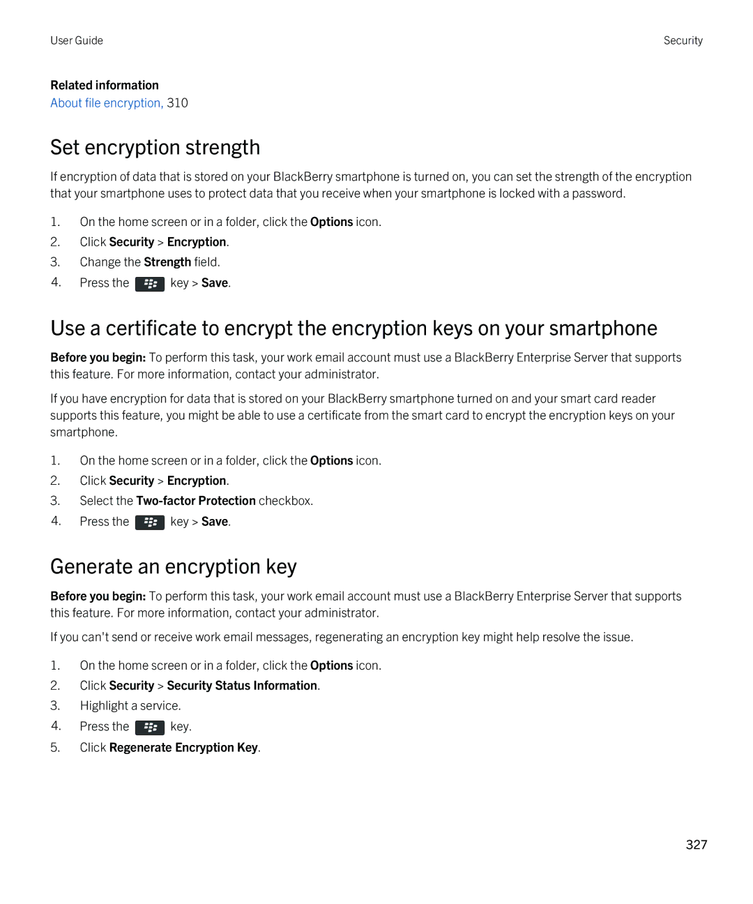 Blackberry 9380 manual Set encryption strength, Generate an encryption key, Click Security Security Status Information 