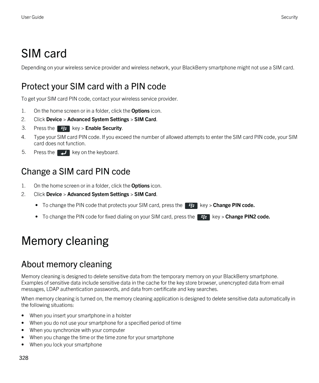 Blackberry 9380 manual Memory cleaning, Protect your SIM card with a PIN code, Change a SIM card PIN code 