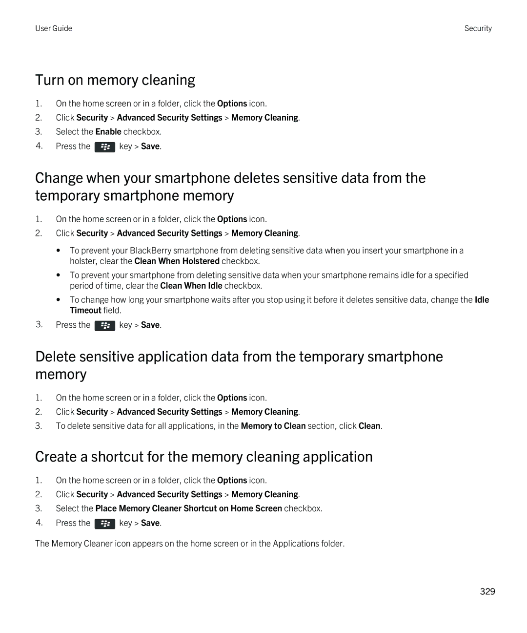 Blackberry 9380 manual Turn on memory cleaning, Create a shortcut for the memory cleaning application 