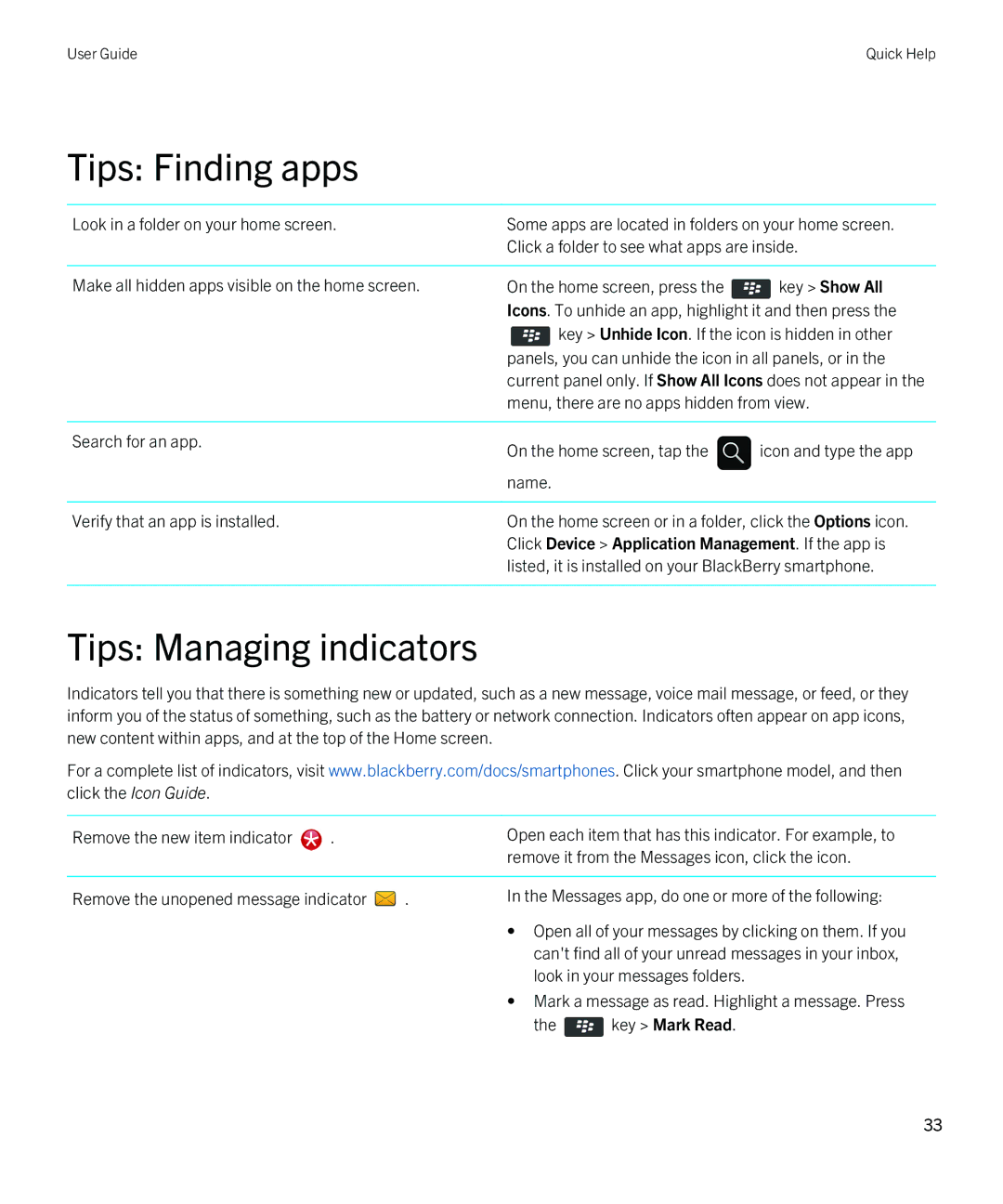 Blackberry 9380 manual Tips Finding apps, Tips Managing indicators, Key Mark Read 