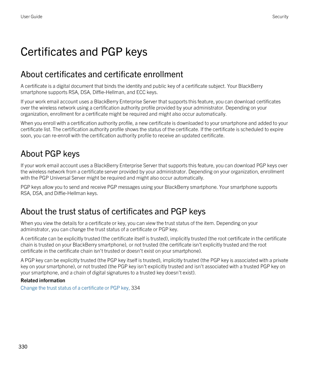 Blackberry 9380 manual Certificates and PGP keys, About certificates and certificate enrollment, About PGP keys 