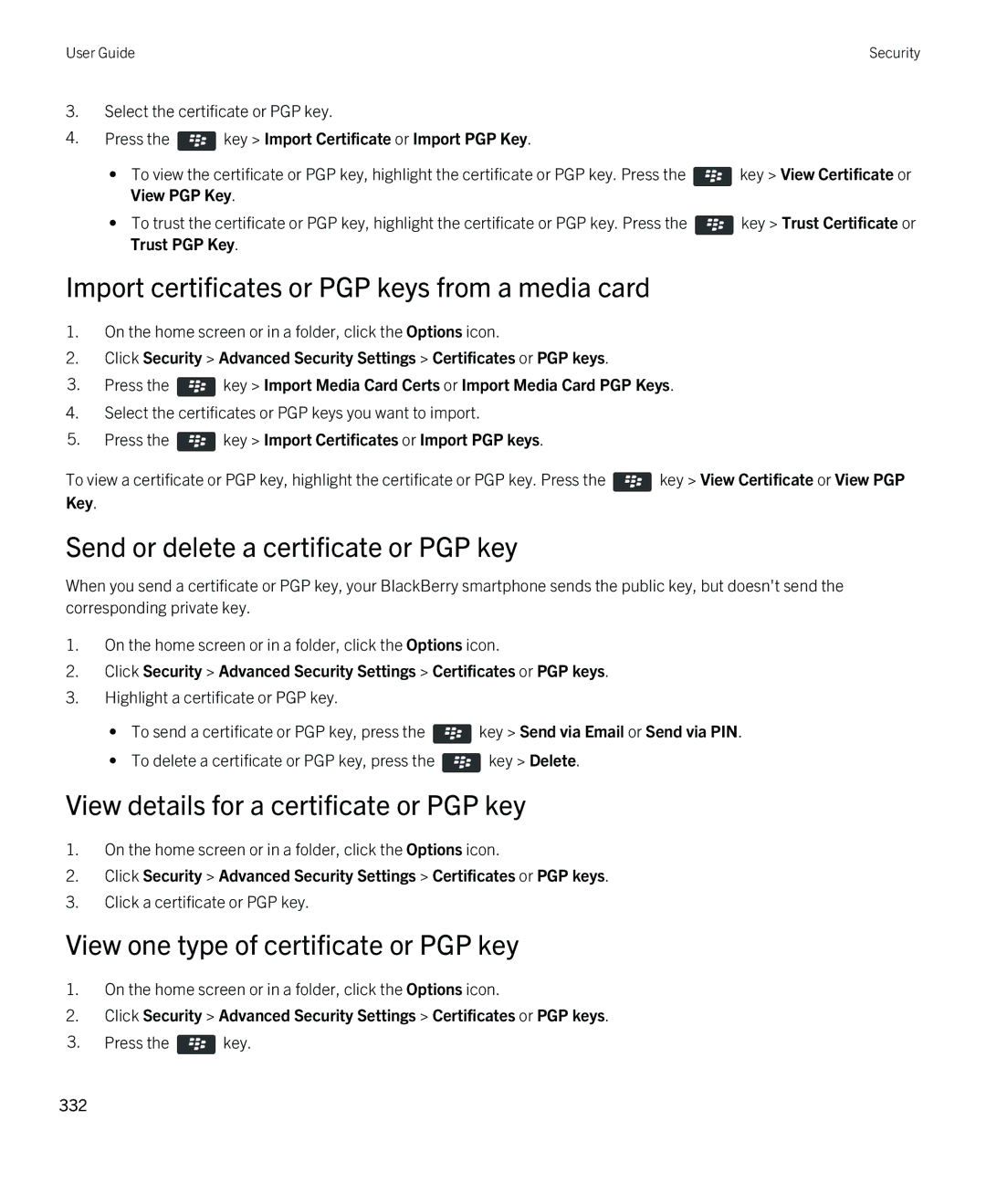 Blackberry 9380 manual Import certificates or PGP keys from a media card, Send or delete a certificate or PGP key 