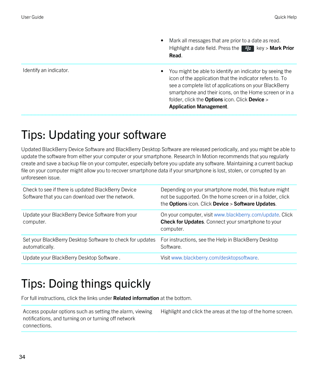 Blackberry 9380 manual Tips Updating your software, Tips Doing things quickly, Key Mark Prior, Read 