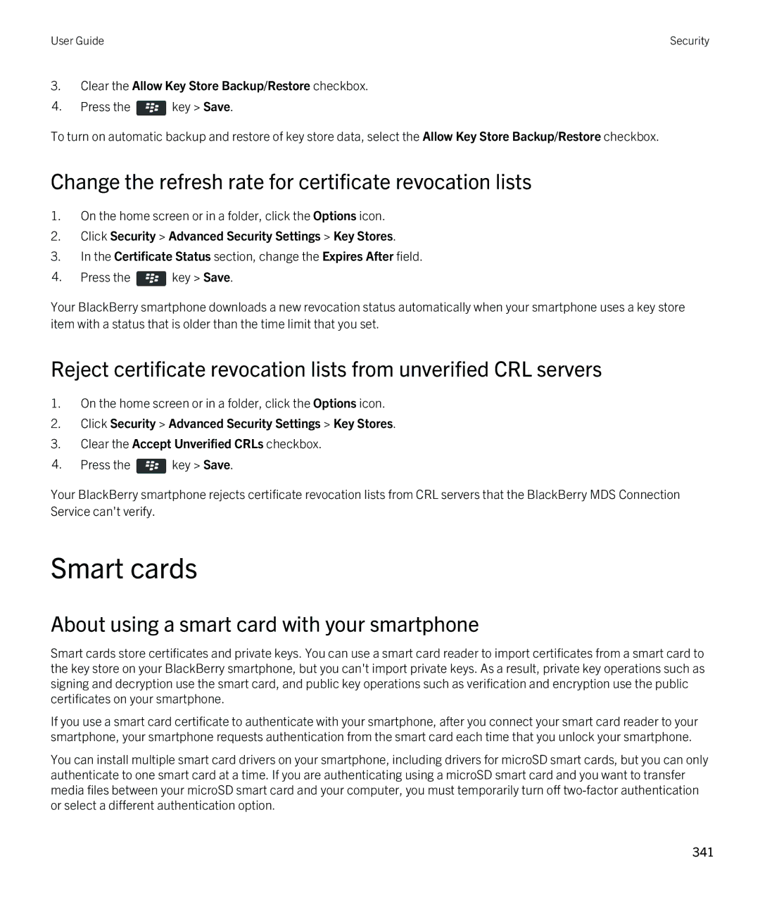 Blackberry 9380 manual Smart cards, Change the refresh rate for certificate revocation lists 