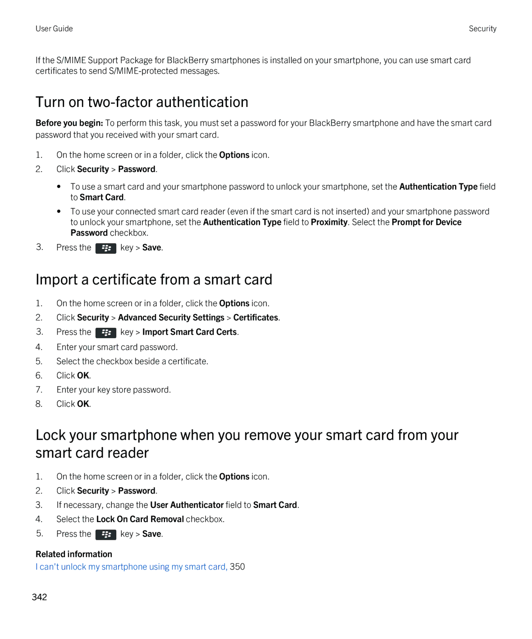 Blackberry 9380 manual Turn on two-factor authentication, Import a certificate from a smart card 