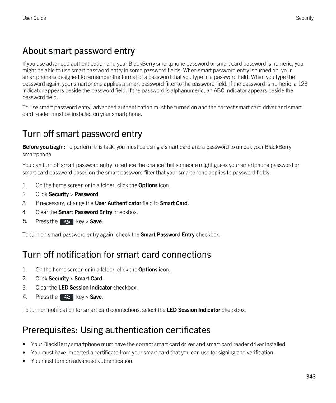 Blackberry 9380 About smart password entry, Turn off smart password entry, Prerequisites Using authentication certificates 