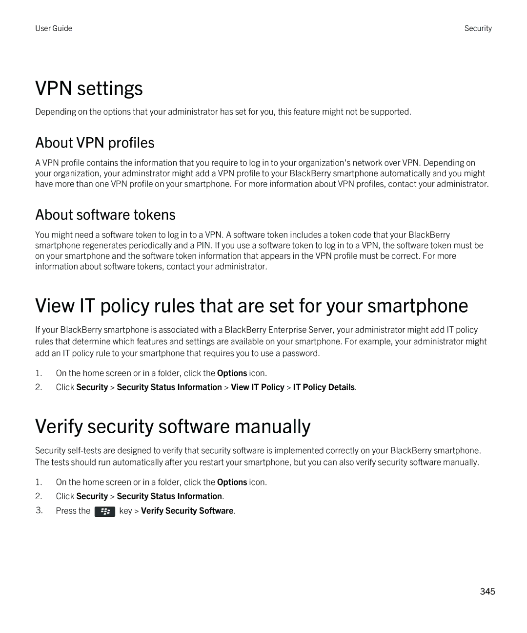 Blackberry 9380 VPN settings, View IT policy rules that are set for your smartphone, Verify security software manually 