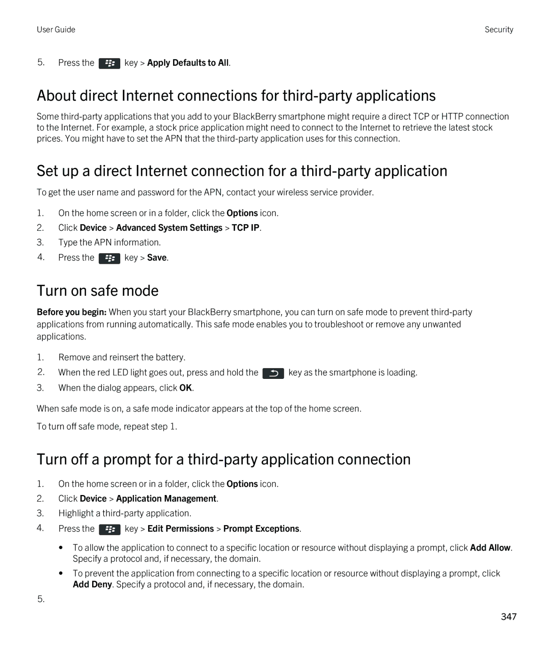 Blackberry 9380 manual Turn on safe mode, Turn off a prompt for a third-party application connection 