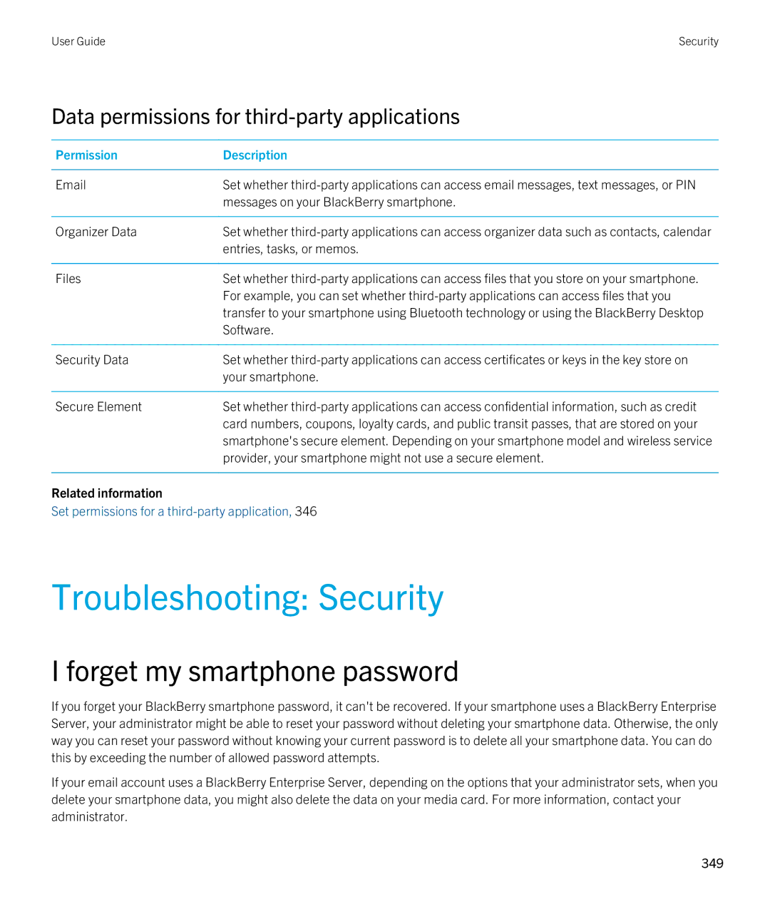 Blackberry 9380 manual Troubleshooting Security, Data permissions for third-party applications 