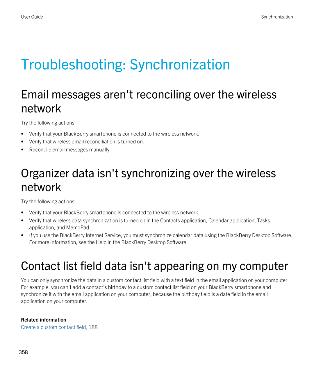 Blackberry 9380 manual Troubleshooting Synchronization, Email messages arent reconciling over the wireless network 