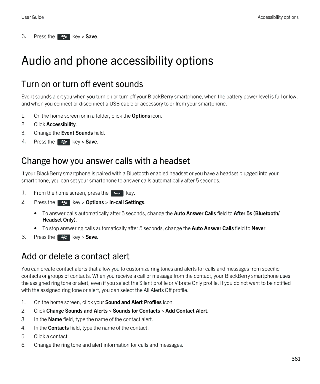 Blackberry 9380 Audio and phone accessibility options, Turn on or turn off event sounds, Add or delete a contact alert 