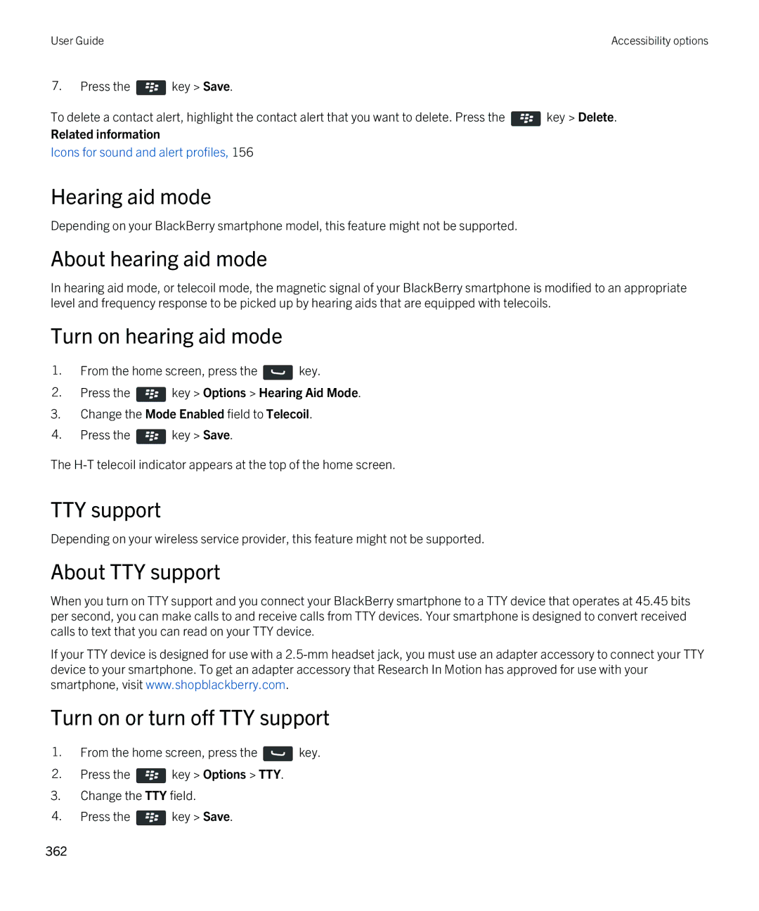 Blackberry 9380 manual Hearing aid mode, About hearing aid mode, Turn on hearing aid mode, TTY support 