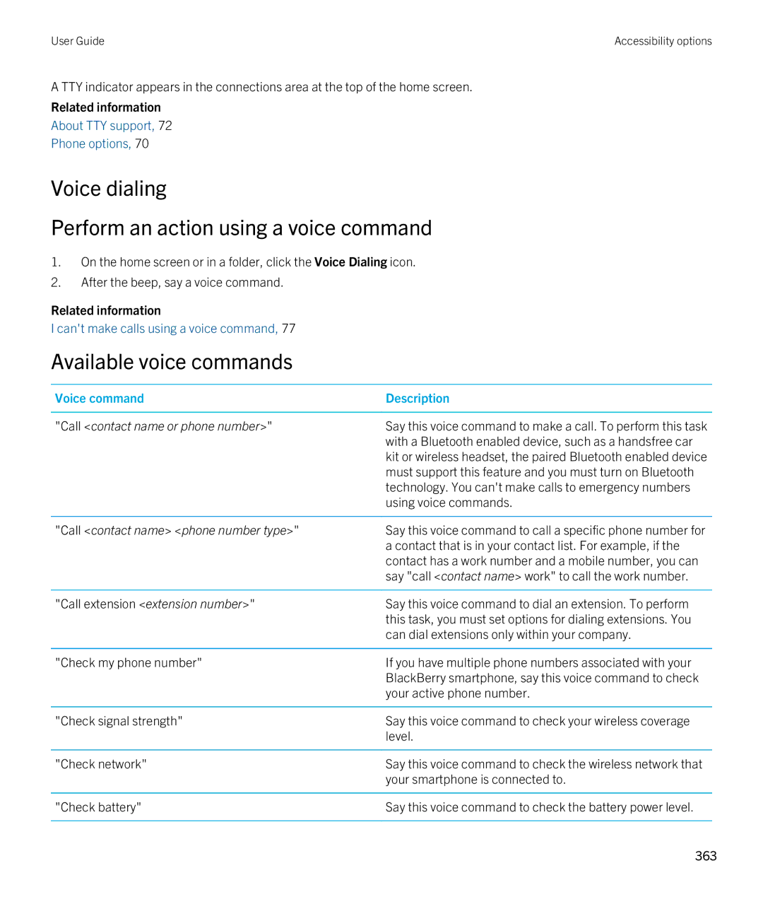 Blackberry 9380 manual Voice dialing Perform an action using a voice command, Available voice commands 