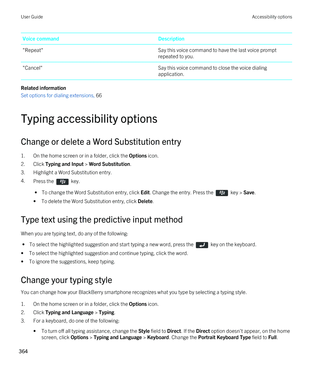 Blackberry 9380 manual Typing accessibility options, Click Typing and Input Word Substitution 