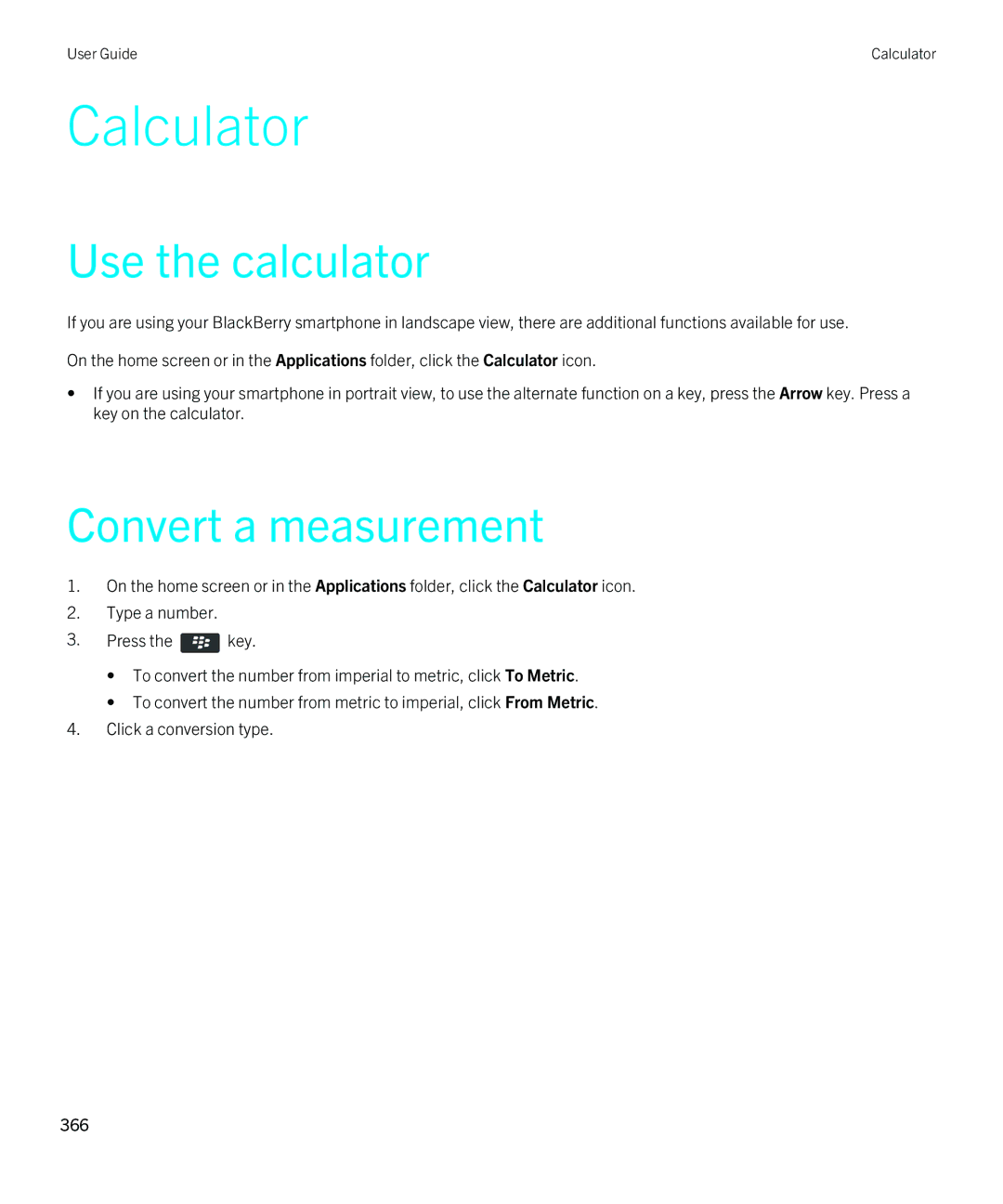 Blackberry 9380 manual Calculator, Use the calculator, Convert a measurement 