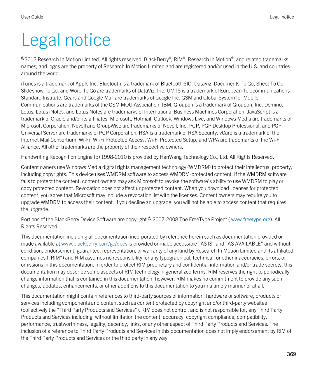 Blackberry 9380 manual Legal notice 